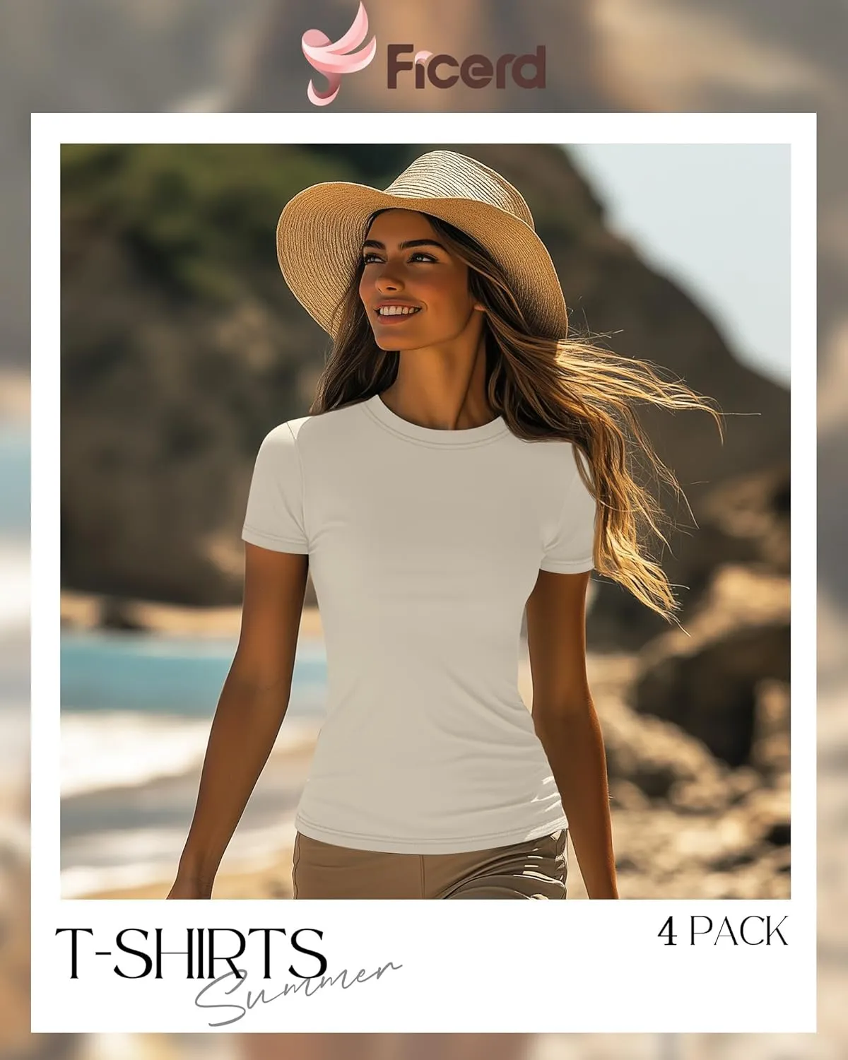 Ficerd 4 Pack Women's Short Sleeve T Shirts Cotton Crew Neck Slim Fitted Tops Basic Casual Shirts Stretchy Going Out Tees