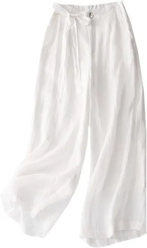 Firzero Women Summer Pants Cotton Linen Pants 2024 Casual Wide Leg Elastic Waist Trousers Loose Fit Straight Leg Pants