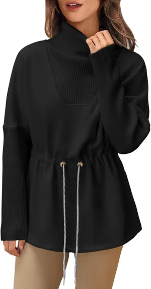 Fisoew Women's Turtleneck Sweatshirts Fleece Drawstring Waist Casual Long Sleeve Pullover Sweater Side Slit Tunic Tops