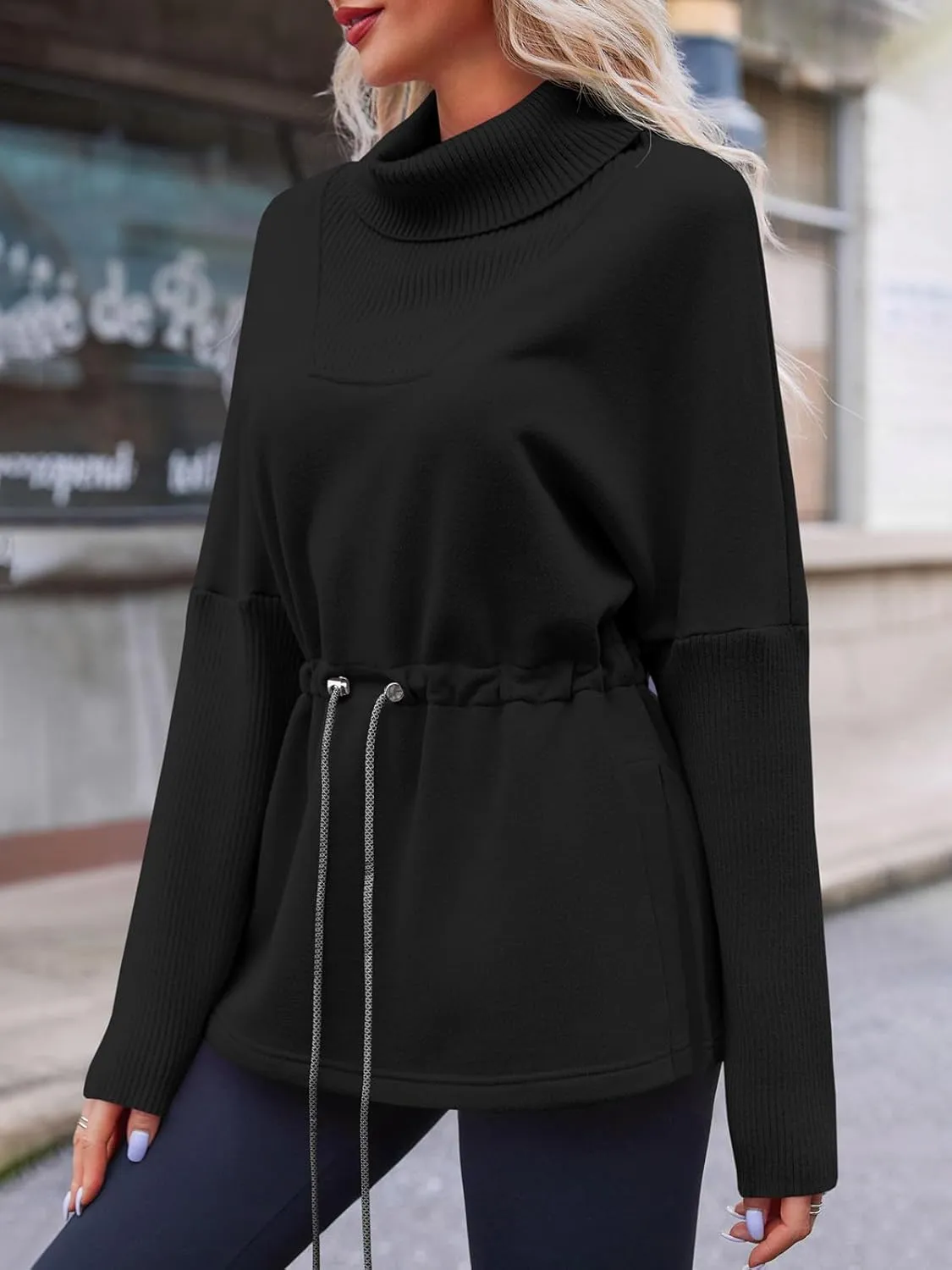 Fisoew Women's Turtleneck Sweatshirts Fleece Drawstring Waist Casual Long Sleeve Pullover Sweater Side Slit Tunic Tops
