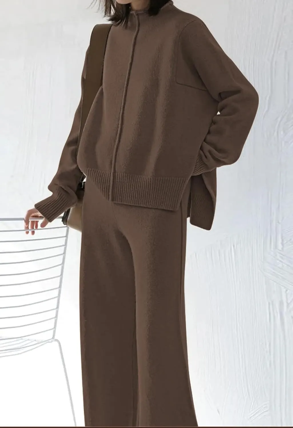 Fixmatti Women Knit Sweatsuit Turtleneck Sweater Top and Wide Leg Pant 2 Piece Outfits