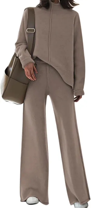Fixmatti Women Knit Sweatsuit Turtleneck Sweater Top and Wide Leg Pant 2 Piece Outfits