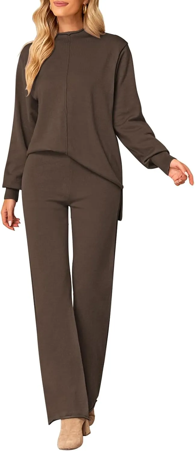 Fixmatti Women Knit Sweatsuit Turtleneck Sweater Top and Wide Leg Pant 2 Piece Outfits