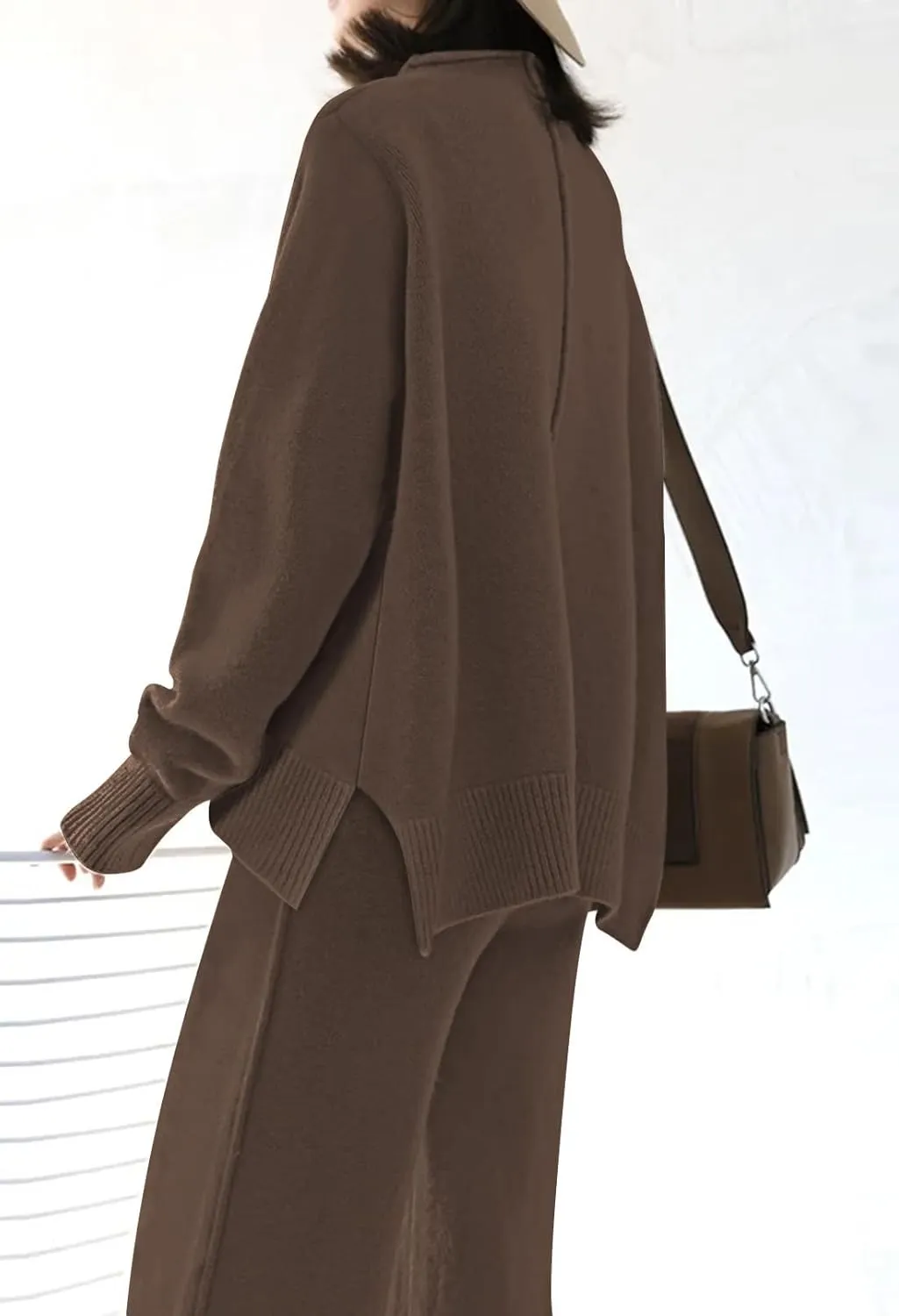 Fixmatti Women Knit Sweatsuit Turtleneck Sweater Top and Wide Leg Pant 2 Piece Outfits