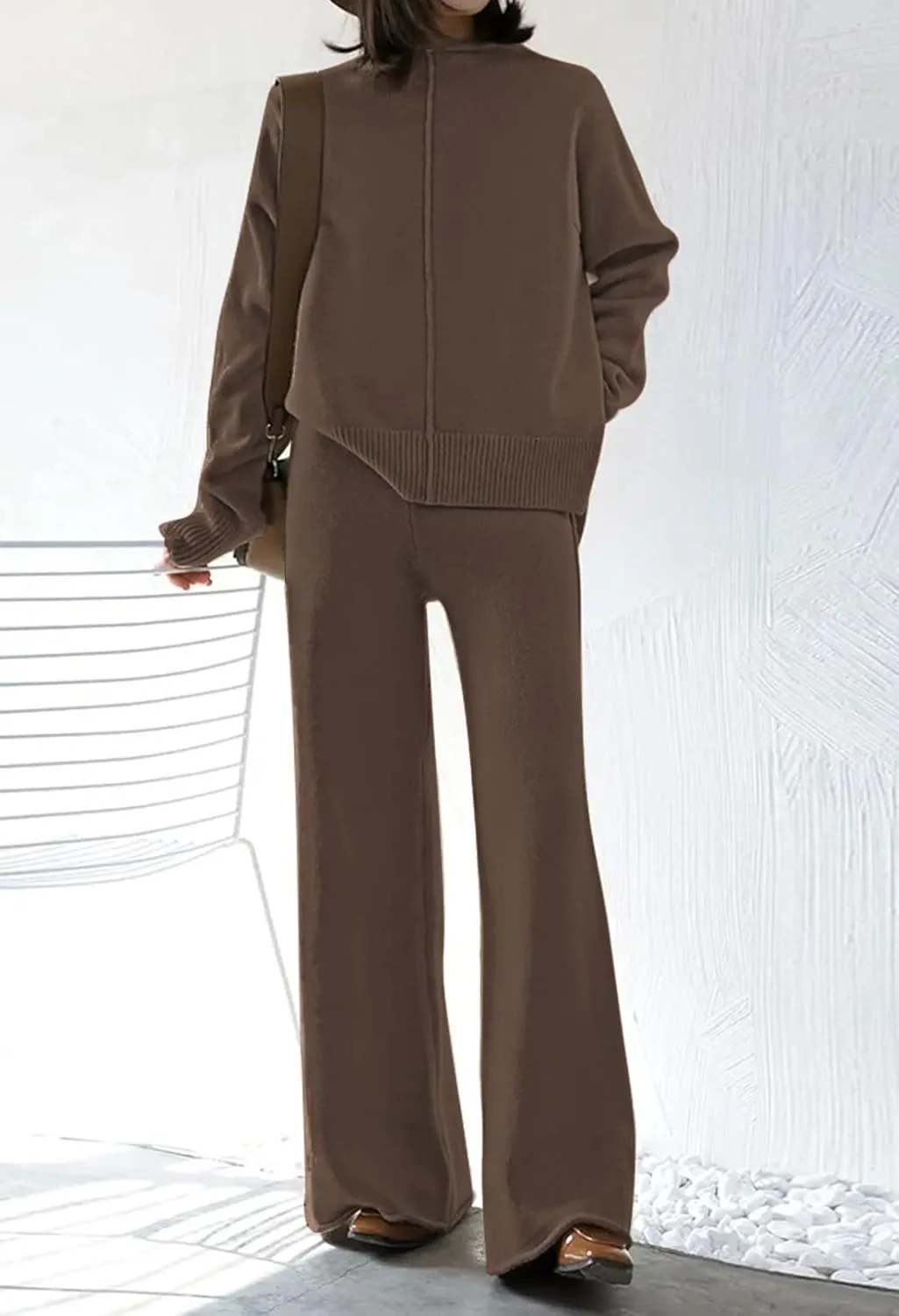 Fixmatti Women Knit Sweatsuit Turtleneck Sweater Top and Wide Leg Pant 2 Piece Outfits