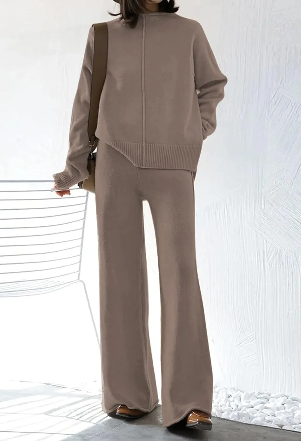 Fixmatti Women Knit Sweatsuit Turtleneck Sweater Top and Wide Leg Pant 2 Piece Outfits