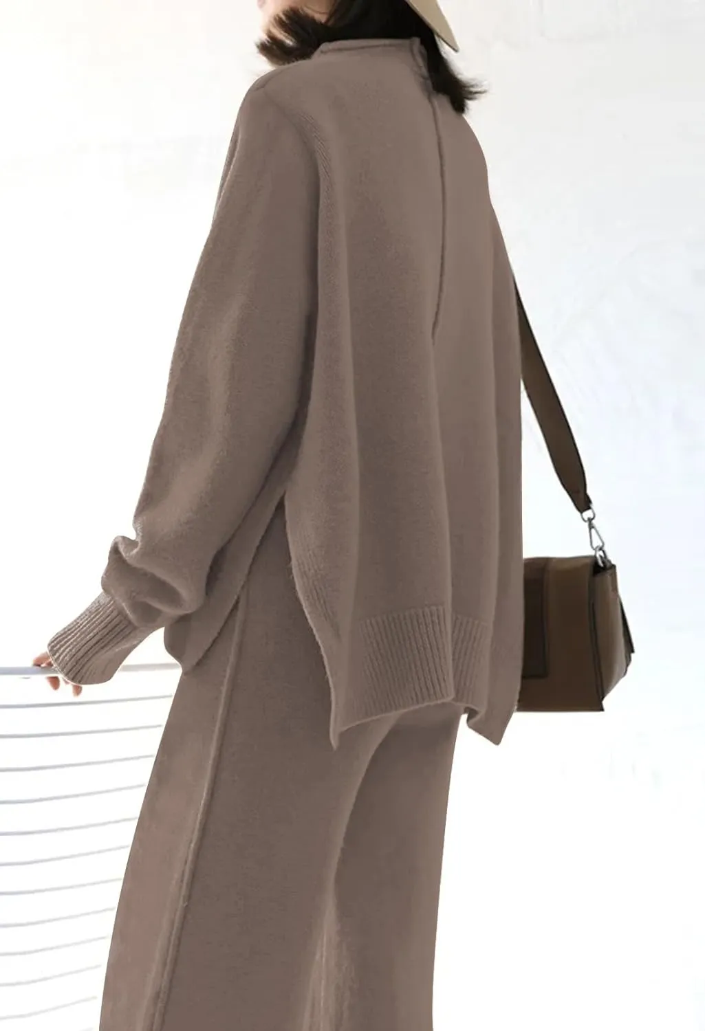 Fixmatti Women Knit Sweatsuit Turtleneck Sweater Top and Wide Leg Pant 2 Piece Outfits