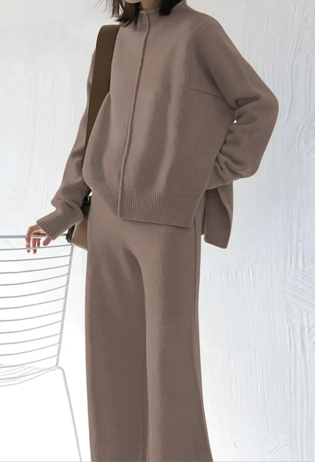 Fixmatti Women Knit Sweatsuit Turtleneck Sweater Top and Wide Leg Pant 2 Piece Outfits