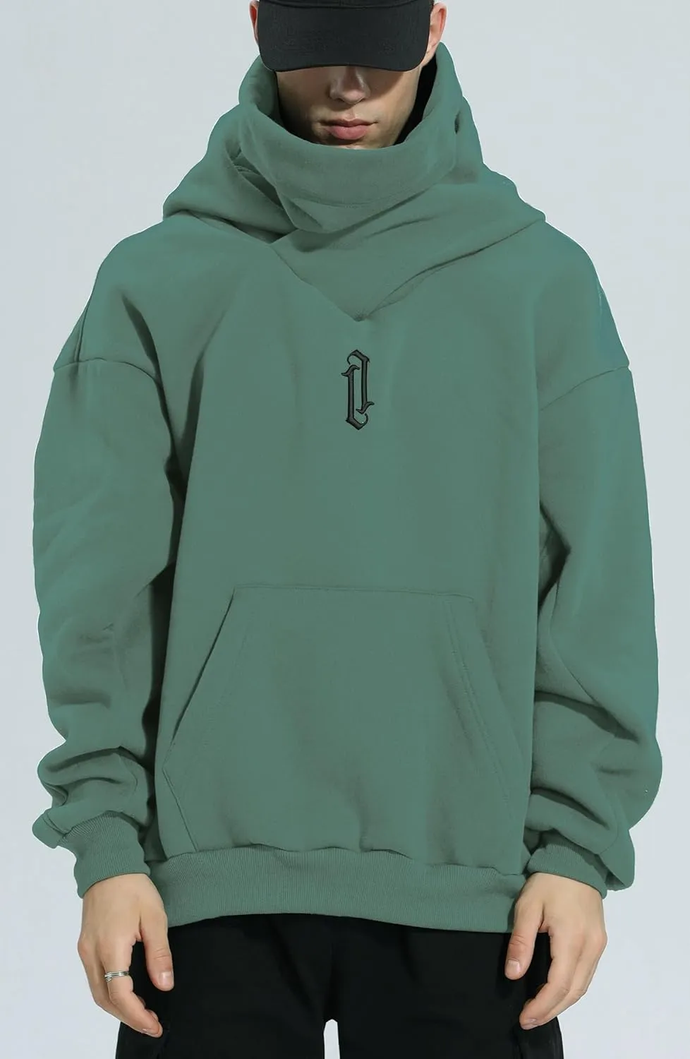 Fleece Hoodies for Men Cowl Neck Sweatshirts Casual Pullover Fall Winter Loose Fit Tops with Embroidery