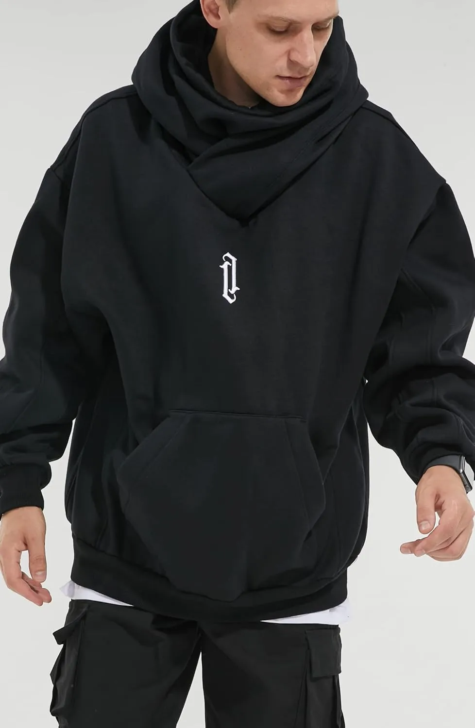 Fleece Hoodies for Men Cowl Neck Sweatshirts Casual Pullover Fall Winter Loose Fit Tops with Embroidery
