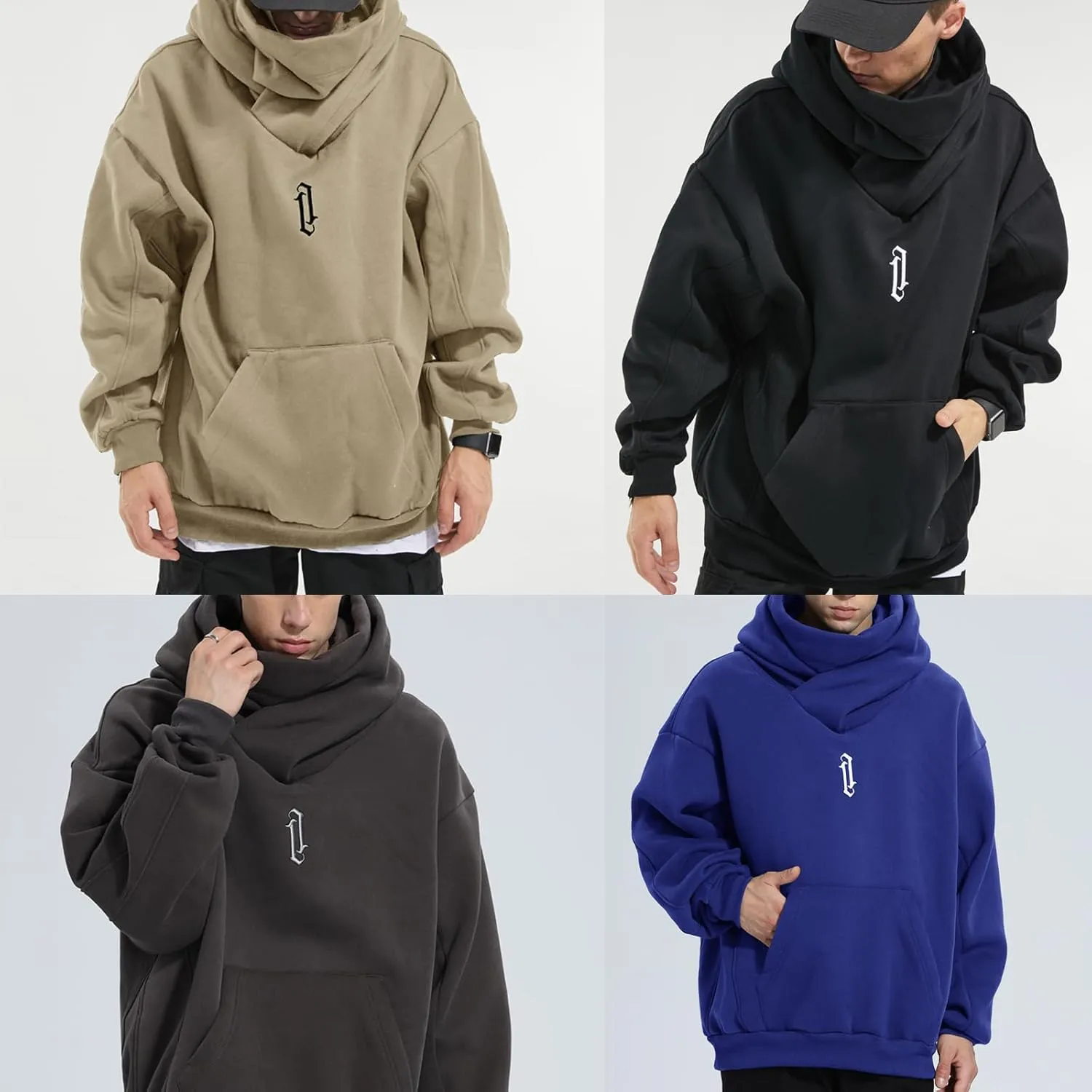 Fleece Hoodies for Men Cowl Neck Sweatshirts Casual Pullover Fall Winter Loose Fit Tops with Embroidery