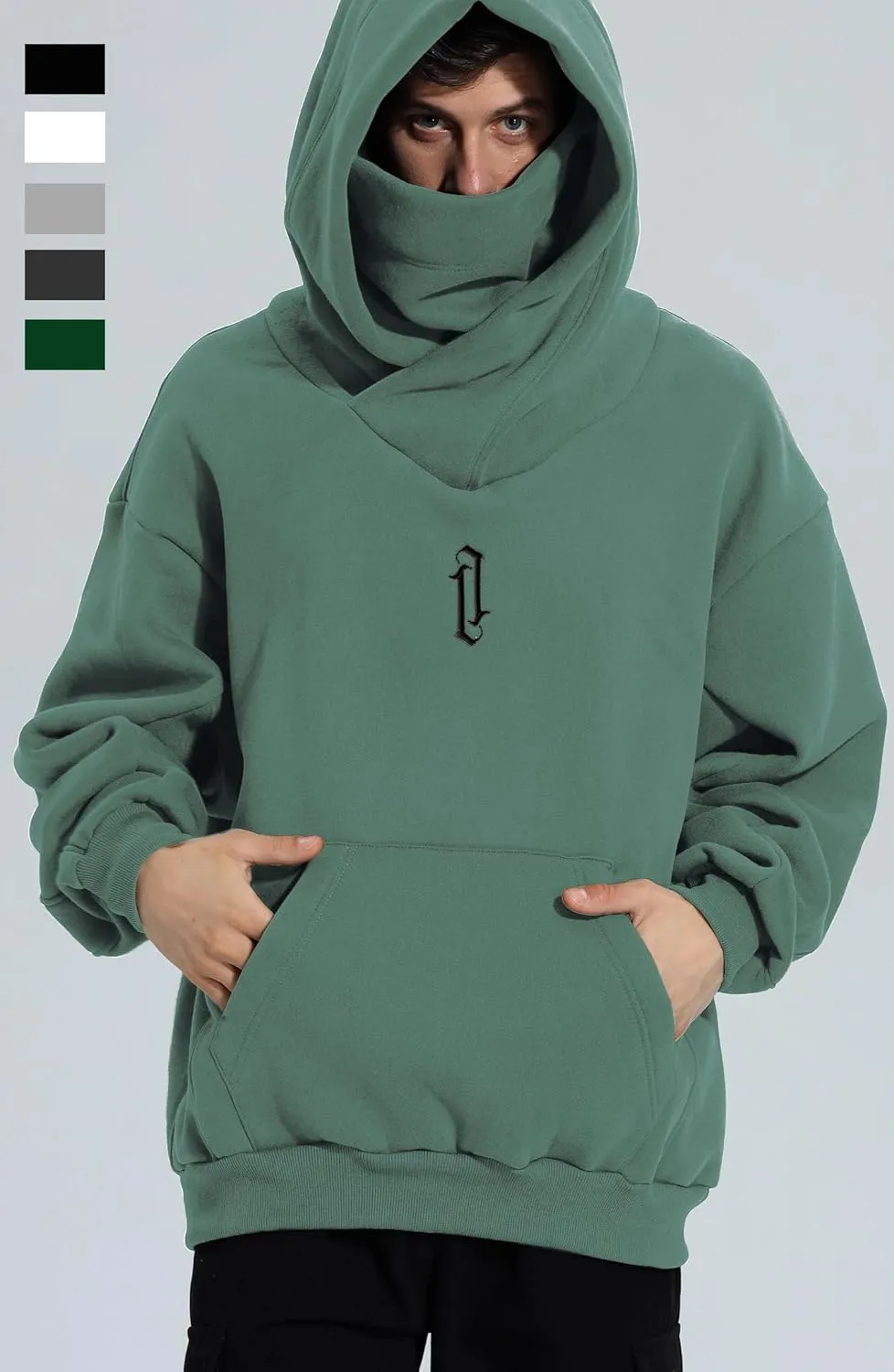 Fleece Hoodies for Men Cowl Neck Sweatshirts Casual Pullover Fall Winter Loose Fit Tops with Embroidery