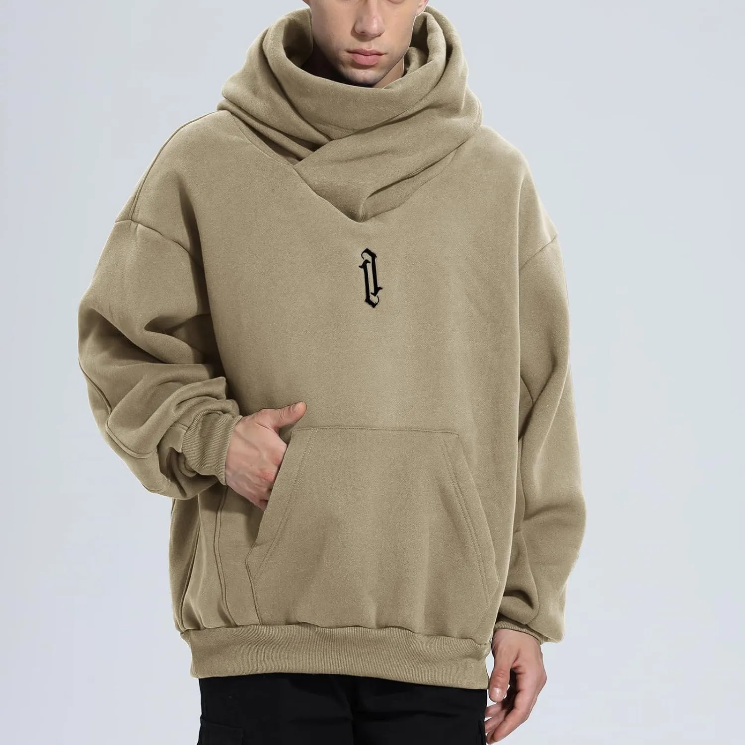 Fleece Hoodies for Men Cowl Neck Sweatshirts Casual Pullover Fall Winter Loose Fit Tops with Embroidery