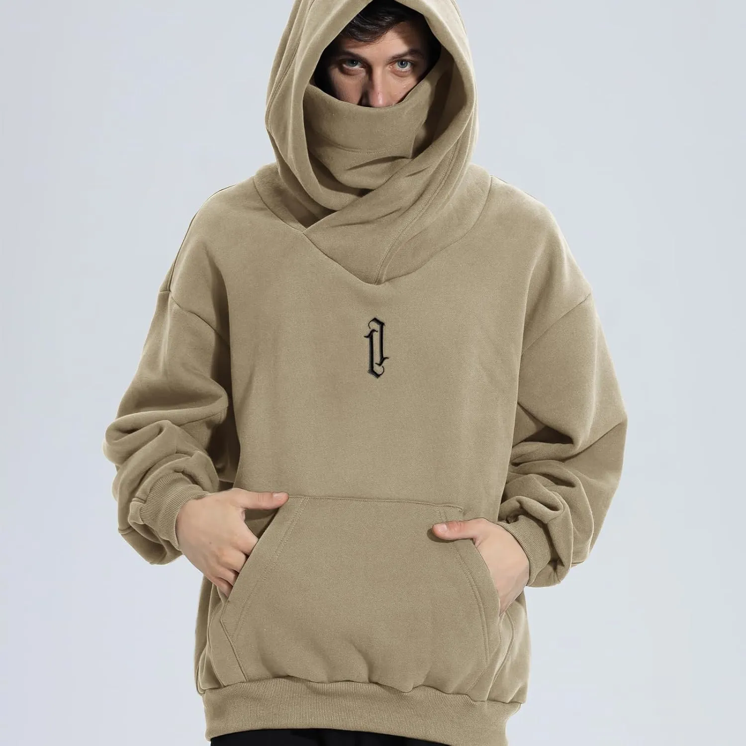 Fleece Hoodies for Men Cowl Neck Sweatshirts Casual Pullover Fall Winter Loose Fit Tops with Embroidery