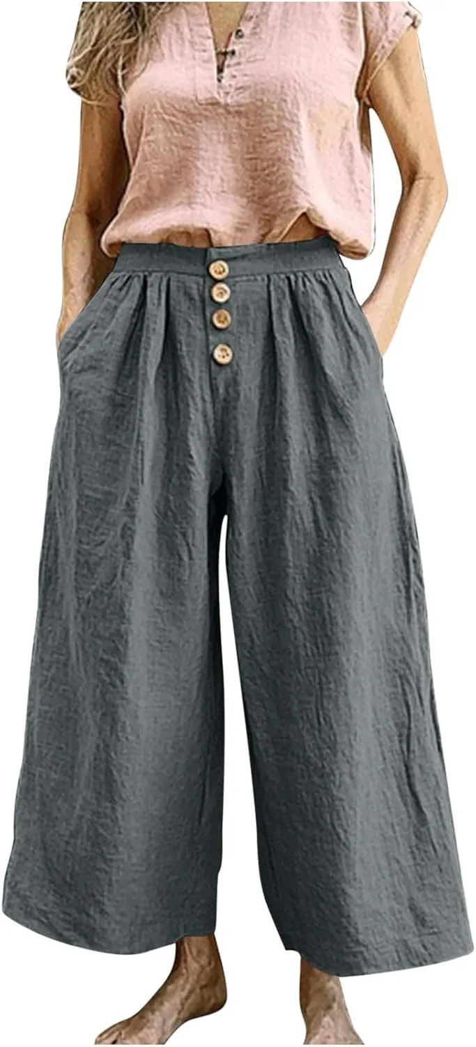 Flowy Pants for Women Summer Cotton Linen Wide Leg Palazzo Pants Beach Casual Button Down Trouser with Pockets