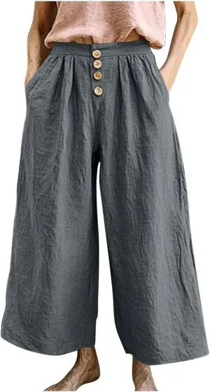 Flowy Pants for Women Summer Cotton Linen Wide Leg Palazzo Pants Beach Casual Button Down Trouser with Pockets