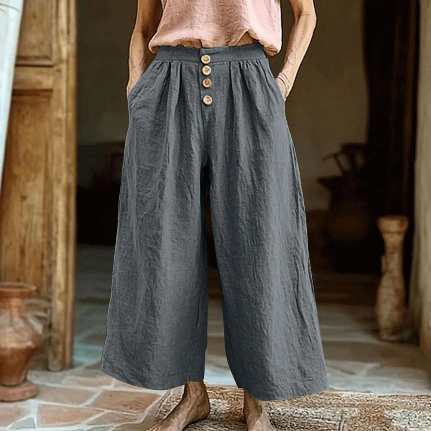 Flowy Pants for Women Summer Cotton Linen Wide Leg Palazzo Pants Beach Casual Button Down Trouser with Pockets