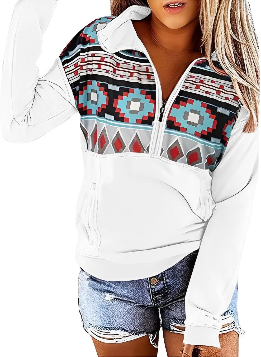 Fronage Women's Half Zip Sweatshirt Western Aztec Sweater, Casual Long Sleeve Mexico Ethnic Graphic Pullover Tops