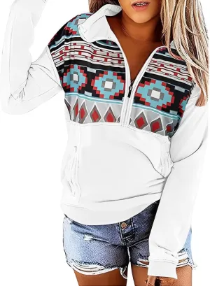 Fronage Women's Half Zip Sweatshirt Western Aztec Sweater, Casual Long Sleeve Mexico Ethnic Graphic Pullover Tops