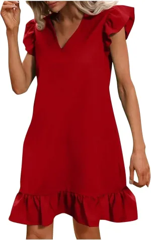 FZYLQY Sundress for Womens 2024 Summer Elegant Flutter Cap Sleeve V-Neck Mini Dress Ruffle Hem A Line Swing Beach Tank Dress