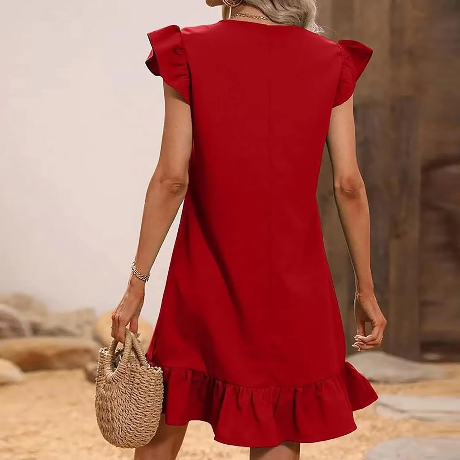 FZYLQY Sundress for Womens 2024 Summer Elegant Flutter Cap Sleeve V-Neck Mini Dress Ruffle Hem A Line Swing Beach Tank Dress