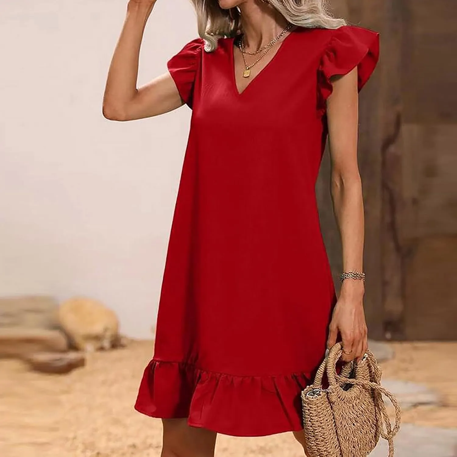 FZYLQY Sundress for Womens 2024 Summer Elegant Flutter Cap Sleeve V-Neck Mini Dress Ruffle Hem A Line Swing Beach Tank Dress