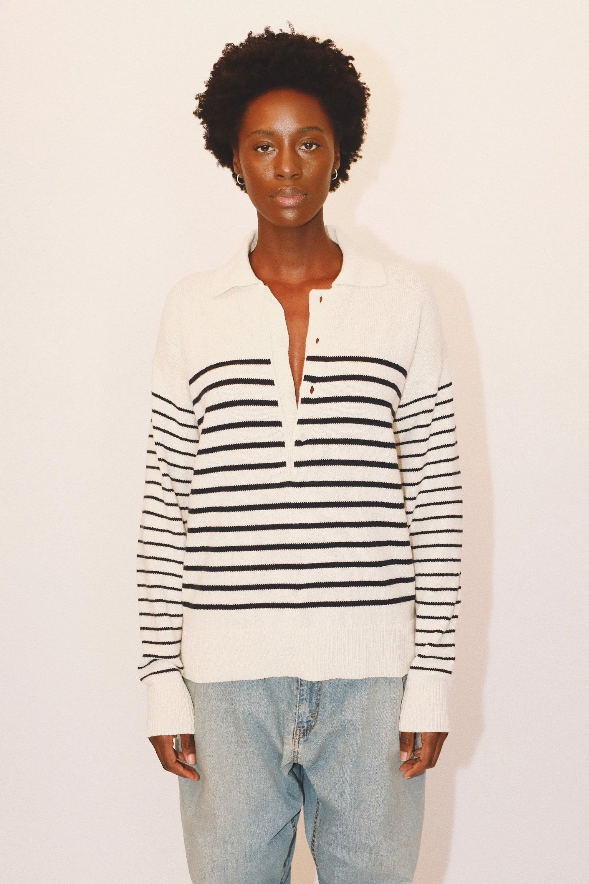 GEORGE COLLAR STRIPED SWEATER - CREAM