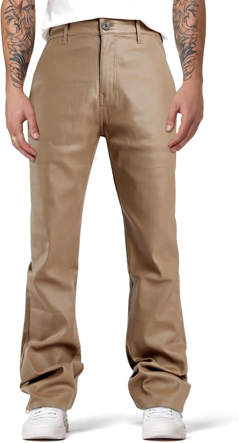 GINGTTO Mens Leather Bell Bottoms Slim Fit 70s Disco Flare Stacked Pants for Men