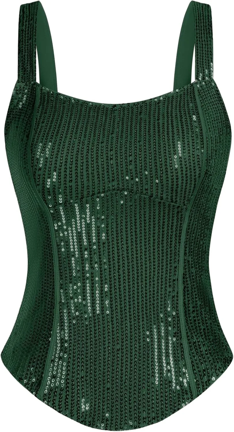 GRACE KARIN Sequin Tank Tops for Women Bustier Corset Top Sparkle Sexy Slim Camisole Sleeveless Party