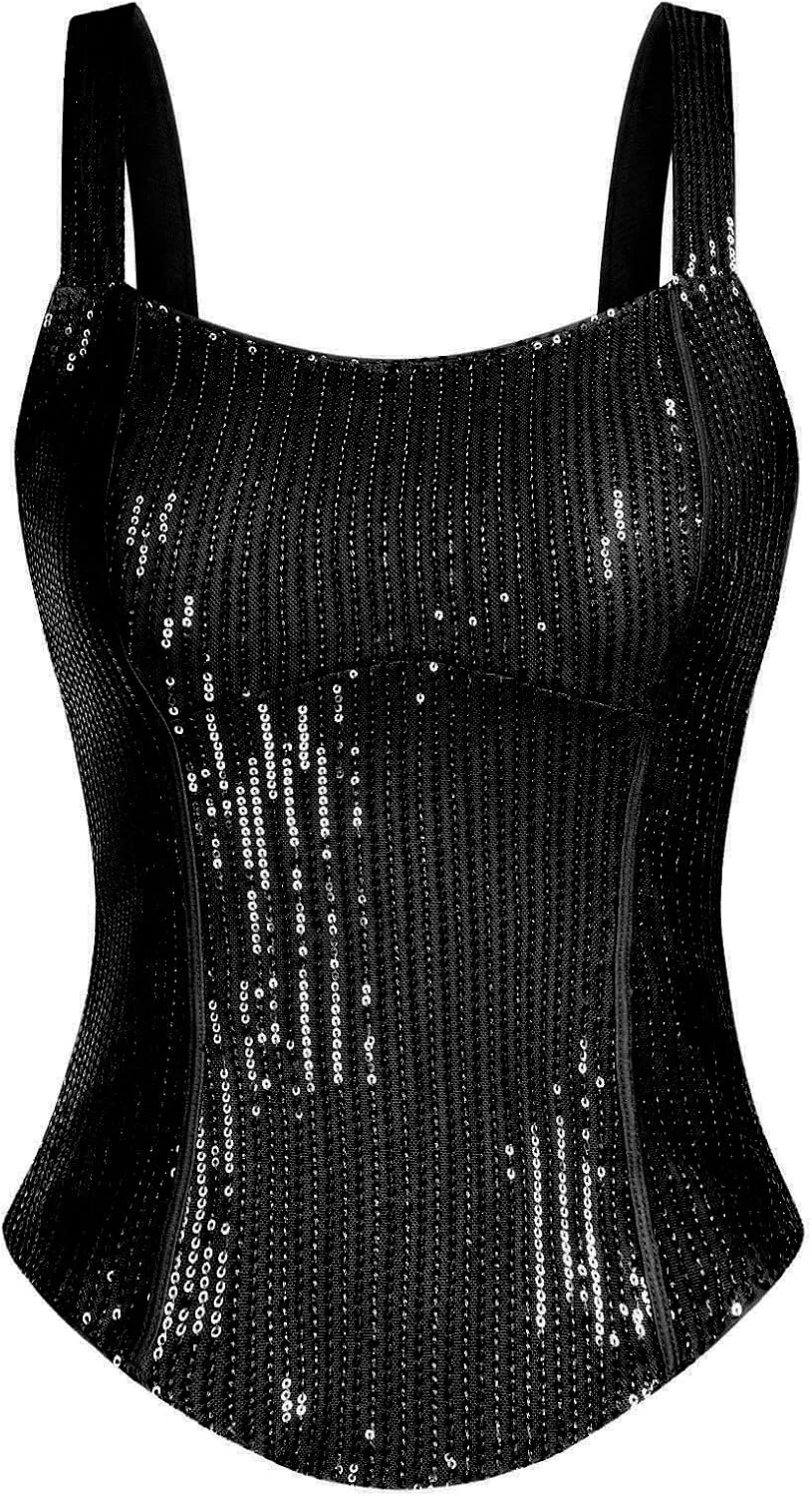 GRACE KARIN Sequin Tank Tops for Women Bustier Corset Top Sparkle Sexy Slim Camisole Sleeveless Party