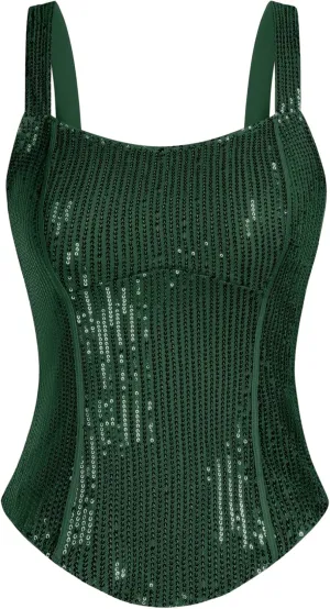 GRACE KARIN Sequin Tank Tops for Women Bustier Corset Top Sparkle Sexy Slim Camisole Sleeveless Party