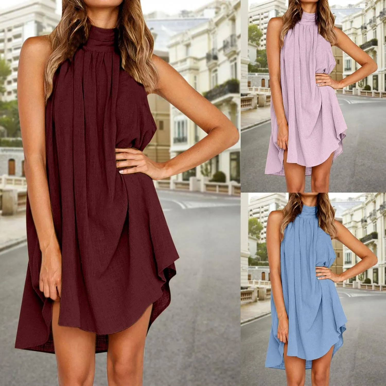 Halter Irregular Summer Dresses for Women Holiday Beach Sleeveless Party Dress Sexy Hem Mini Dress Plain Solid Sundress