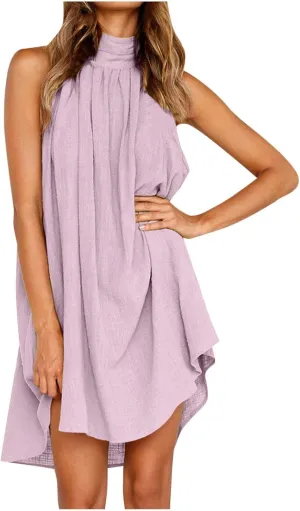 Halter Irregular Summer Dresses for Women Holiday Beach Sleeveless Party Dress Sexy Hem Mini Dress Plain Solid Sundress