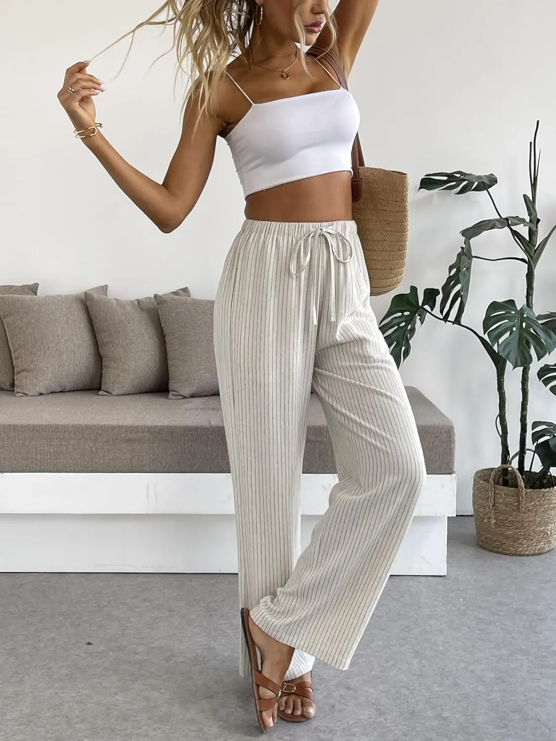 heipeiwa Women's Linen Pants Striped Summer Boho Straight Wide Leg Beach Lounge Casual Trousers