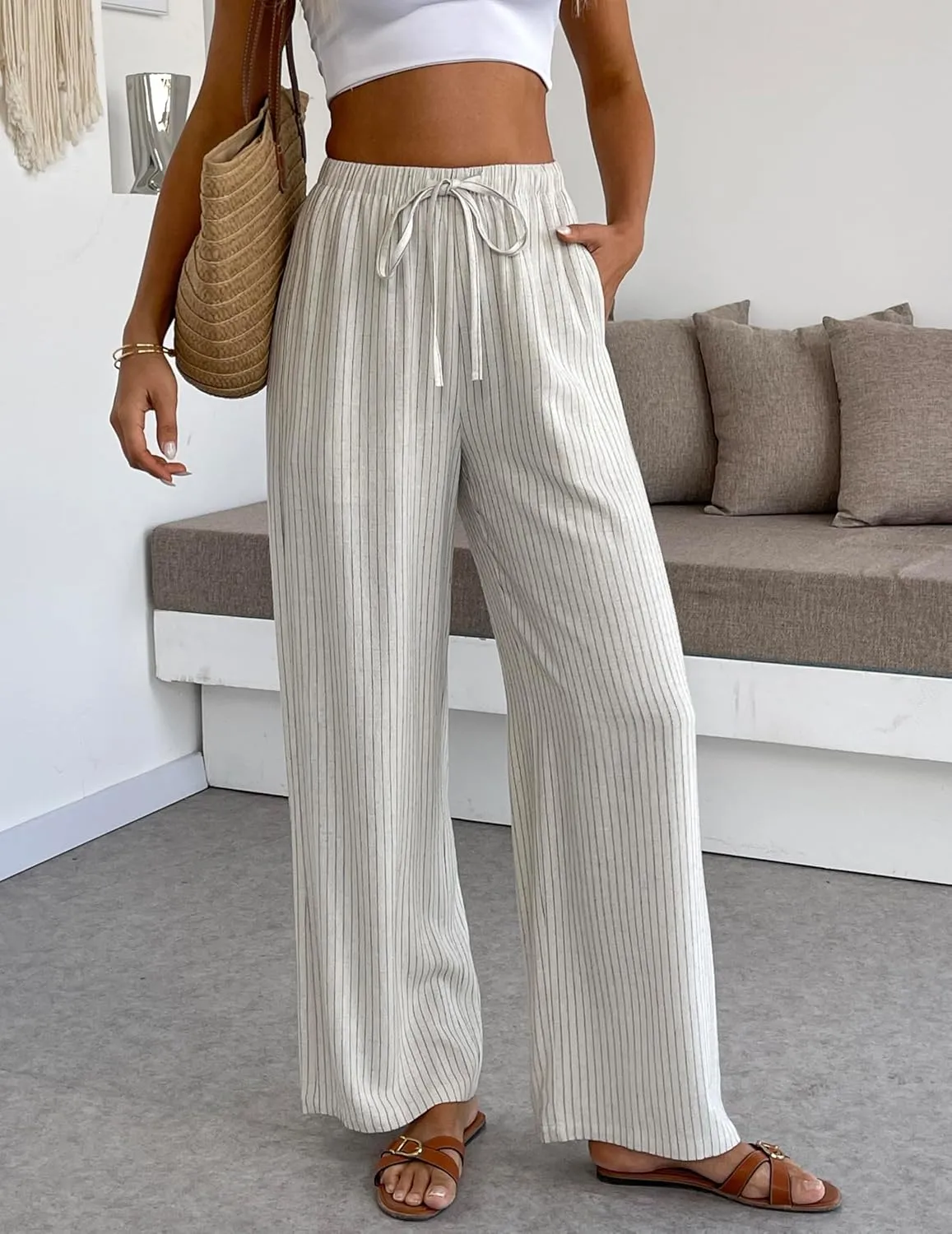 heipeiwa Women's Linen Pants Striped Summer Boho Straight Wide Leg Beach Lounge Casual Trousers