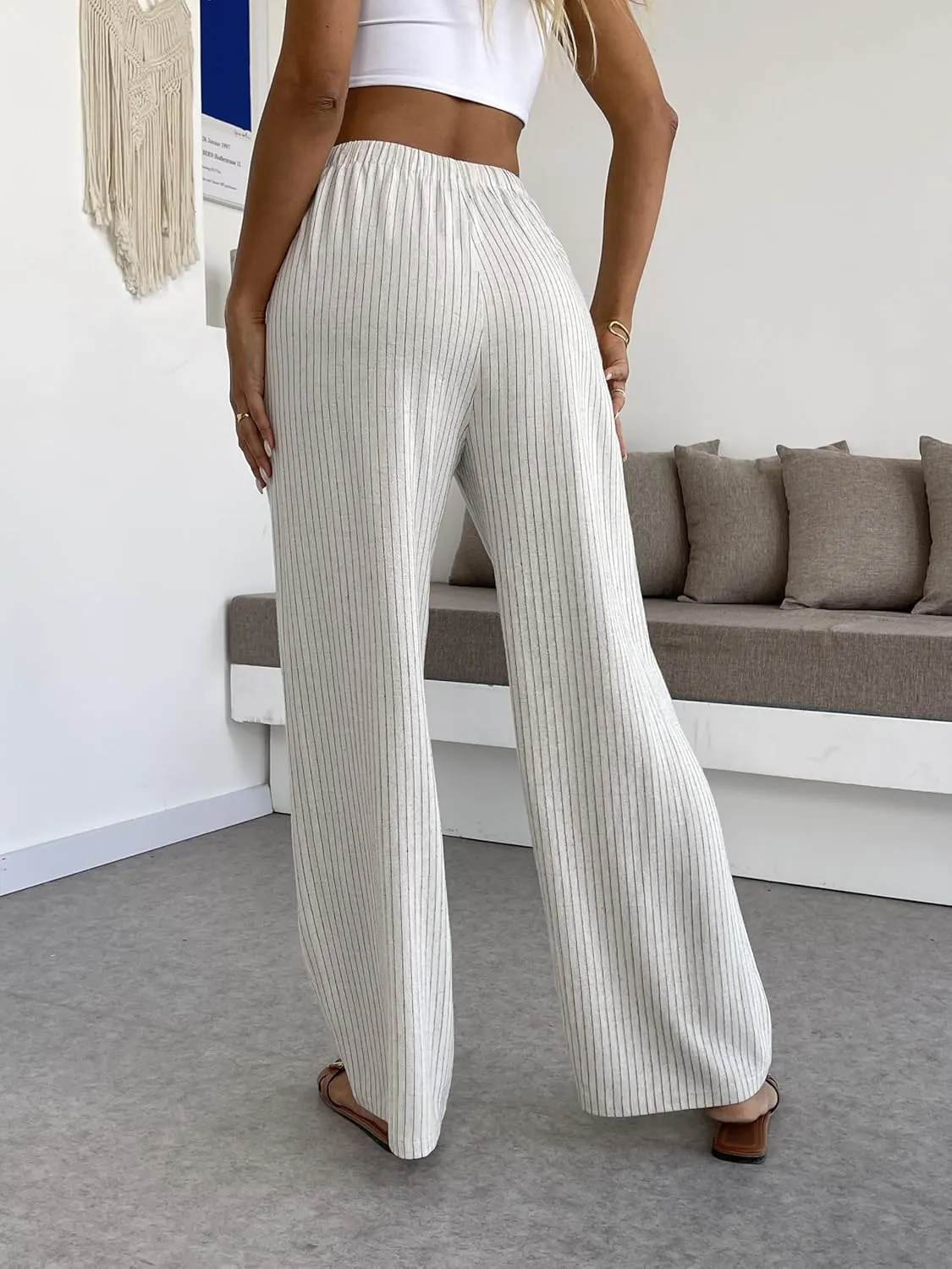 heipeiwa Women's Linen Pants Striped Summer Boho Straight Wide Leg Beach Lounge Casual Trousers