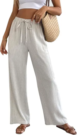 heipeiwa Women's Linen Pants Striped Summer Boho Straight Wide Leg Beach Lounge Casual Trousers