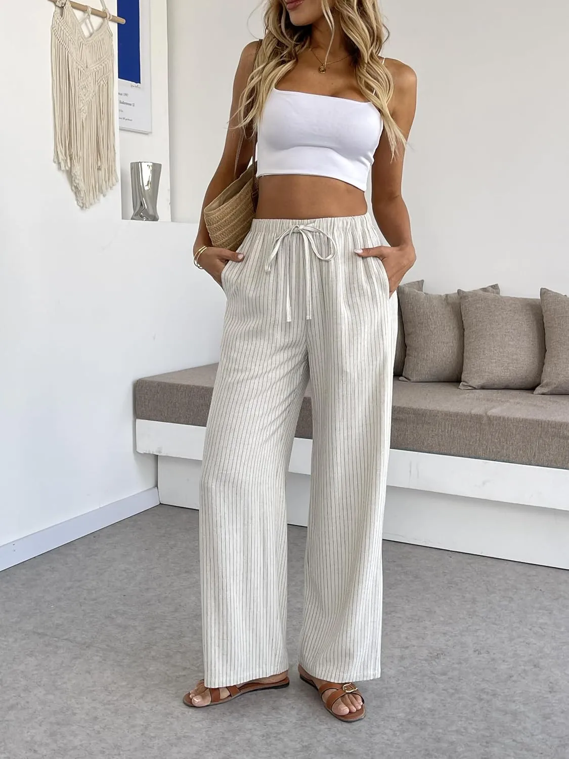 heipeiwa Women's Linen Pants Striped Summer Boho Straight Wide Leg Beach Lounge Casual Trousers