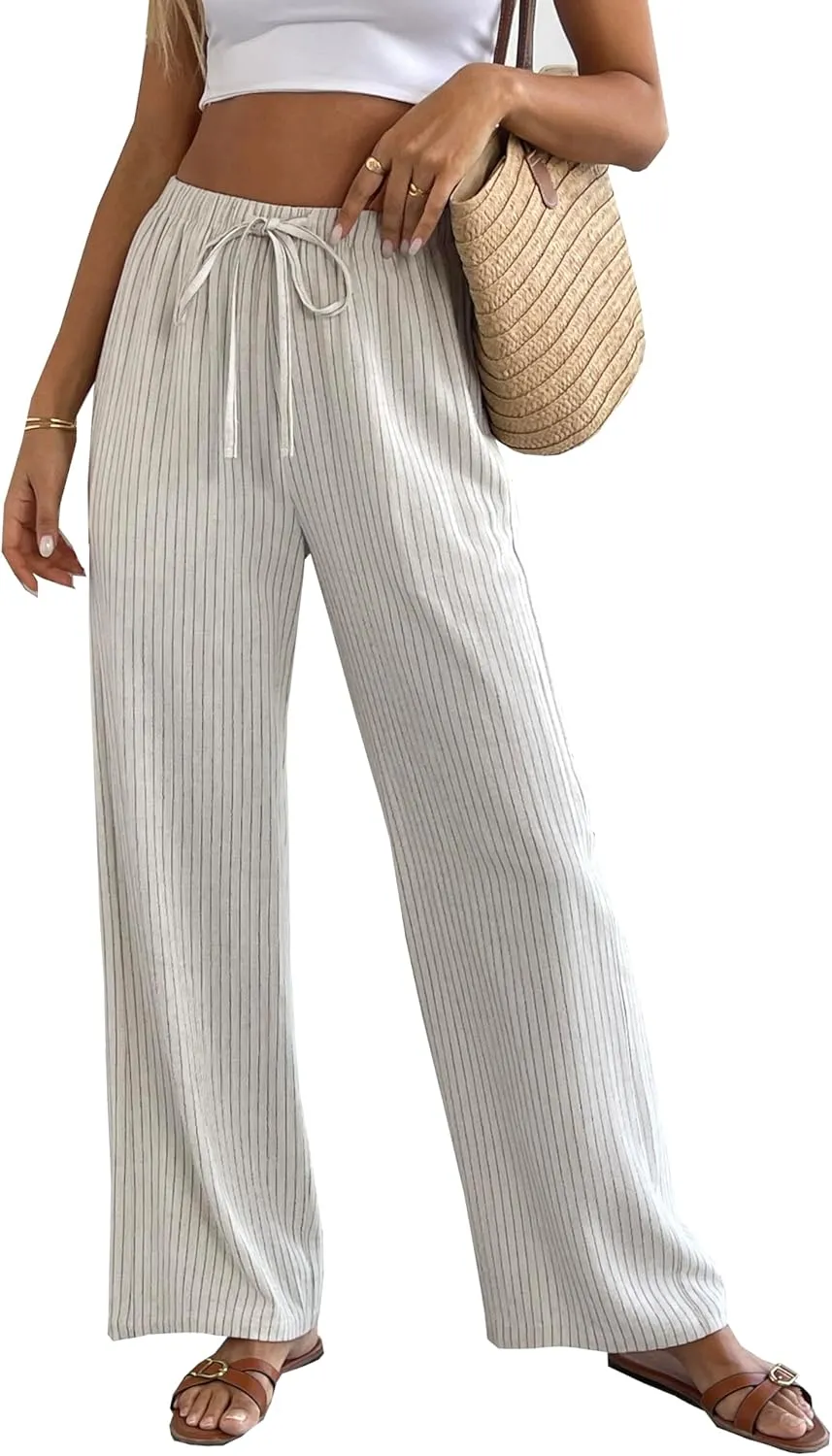 heipeiwa Women's Linen Pants Striped Summer Boho Straight Wide Leg Beach Lounge Casual Trousers