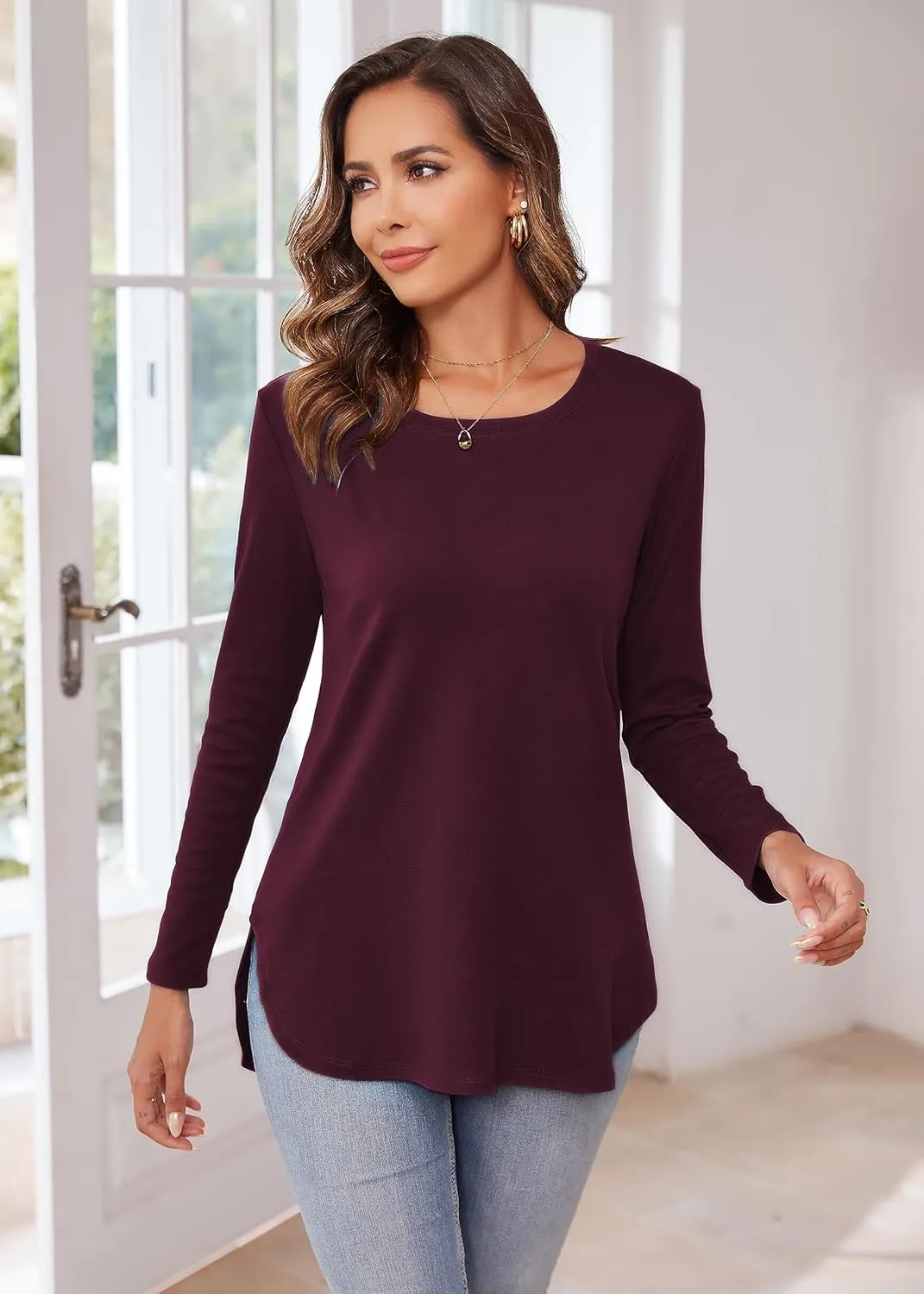 Herou Women's Casual Long Sleeve T Shirt Crewneck With Side Split Fall Pullover Loose Tunic Sweater Tops