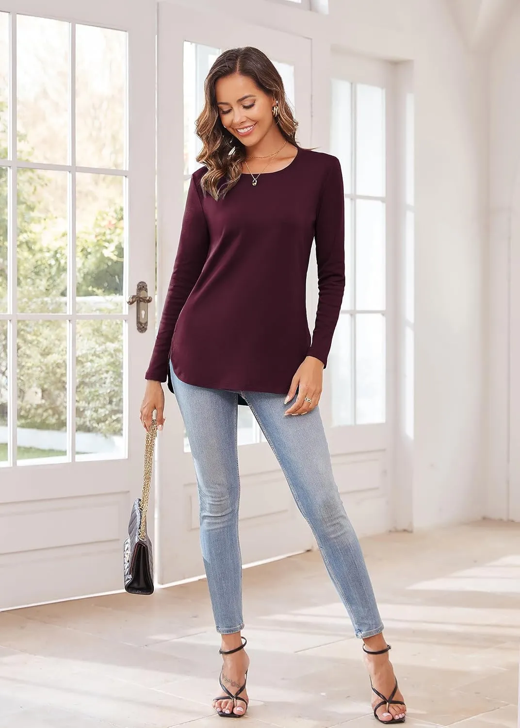 Herou Women's Casual Long Sleeve T Shirt Crewneck With Side Split Fall Pullover Loose Tunic Sweater Tops