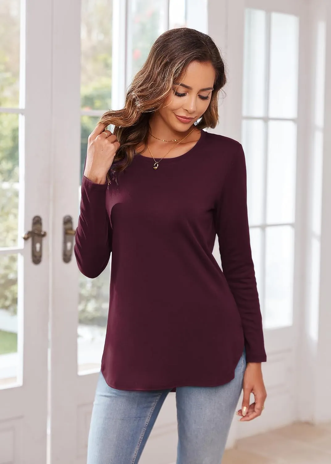 Herou Women's Casual Long Sleeve T Shirt Crewneck With Side Split Fall Pullover Loose Tunic Sweater Tops