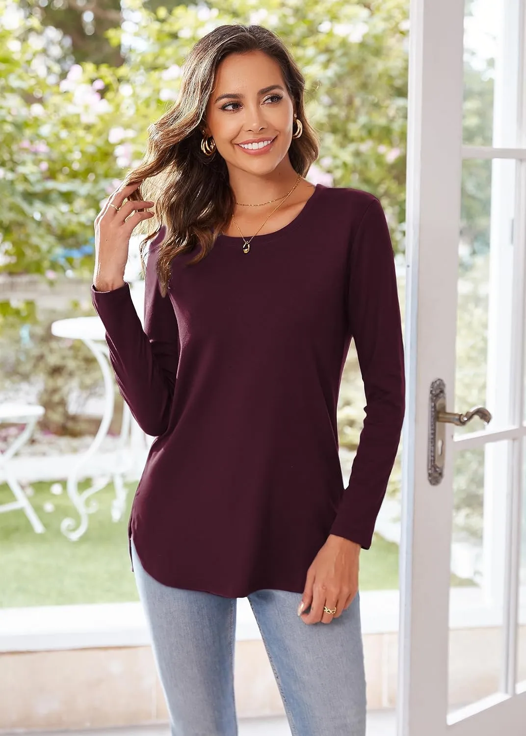 Herou Women's Casual Long Sleeve T Shirt Crewneck With Side Split Fall Pullover Loose Tunic Sweater Tops