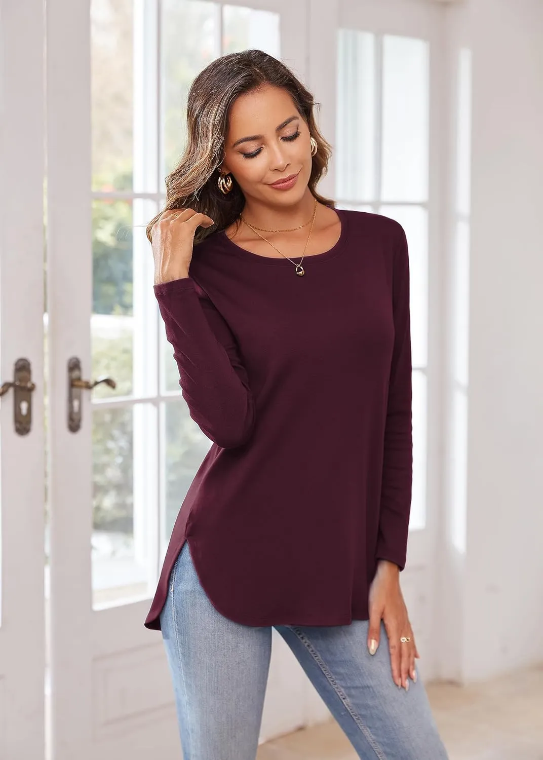 Herou Women's Casual Long Sleeve T Shirt Crewneck With Side Split Fall Pullover Loose Tunic Sweater Tops