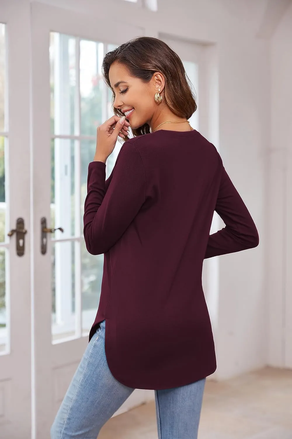 Herou Women's Casual Long Sleeve T Shirt Crewneck With Side Split Fall Pullover Loose Tunic Sweater Tops