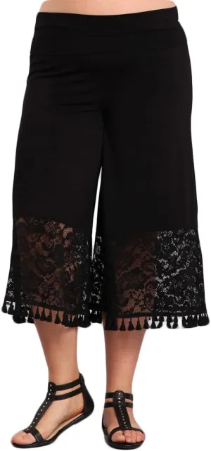 HEYHUN Women's Solid Tie Dye Wide Leg Flared Capri Boho Gaucho Pants w/Lace Detail