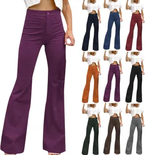 High Waisted Corduroy Flare Pants for Women Button Vintage Bell Bottom Stretchy Comfy Wide Leg Trousers with Pockets