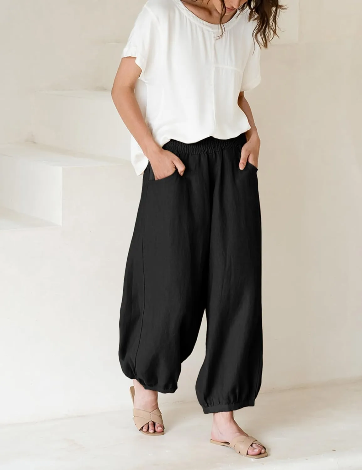 Hooever Women's Cotton Linen Pants Summer High Waisted Wide Leg Palazzo Pant Flowy Beach Trousers