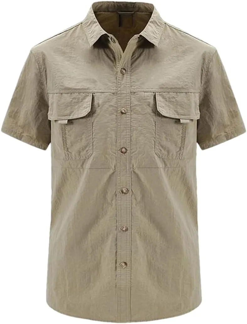 Hot Tactical Hiking Shirts Men Long Sleeve Cargo Work Shirt Summer Outdoor Quick-Dry Military Camping Hunting Fishing Work Shirt Short-Khaki Asian-M