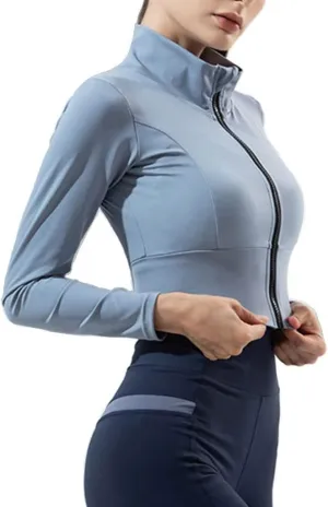 HSQMA Yoga Shirt for Women Long Sleeve Workout Shirts Slim Stretch Yoga Clothes Zipper Outdoor Running Sports Quick Dry Shirt (Color : Blue/, Size : M/)